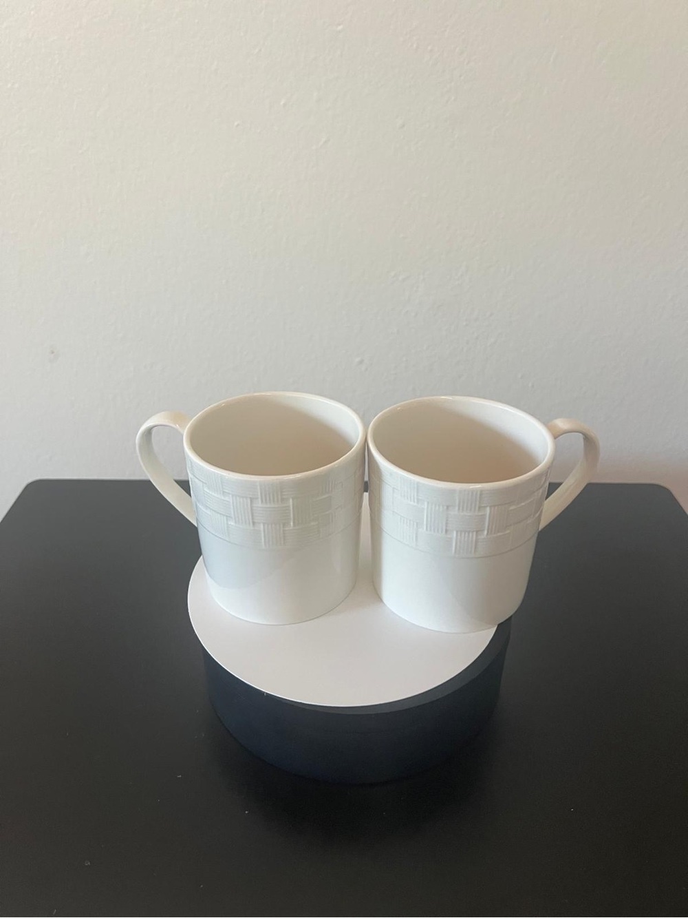 White Ceramic Embossed Pattern Coffee Mugs - Set of 2